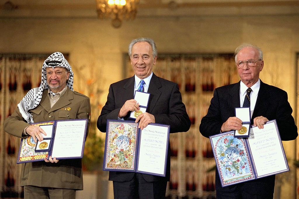 The Nobel prize laureates for 1994: PLO Chairman Yasser Arafat, Israeli Foreign Minister Shimon Peres, and Israeli Prime Minister Yitzhak Rabin.