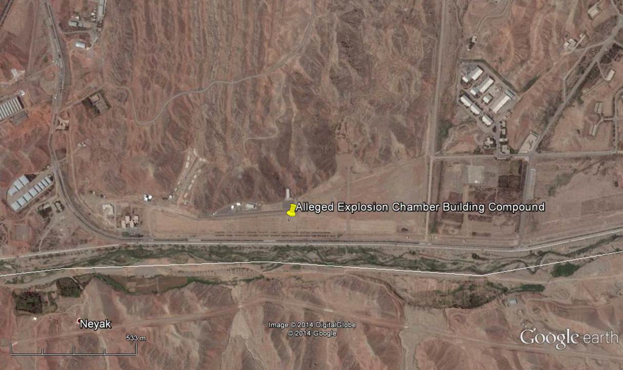 A satellite image of the compound of buildings in the Parchin Military Complex near Tehran. One allegedly holds a containment explosive chamber. Credit: Google Maps