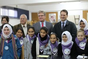 UNRWA Commissioner-General Pierre Krähenbühl with members of the US-supported school parliament at the UNRWA Girls’ School in Jalazone refugee camp, West Bank, December 13, 2015. (Department of State).
